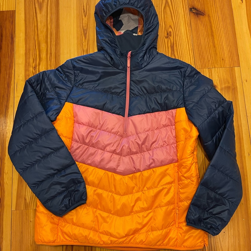 Jack Wolfskin women’s puffer pullover hoodie blue orange pink